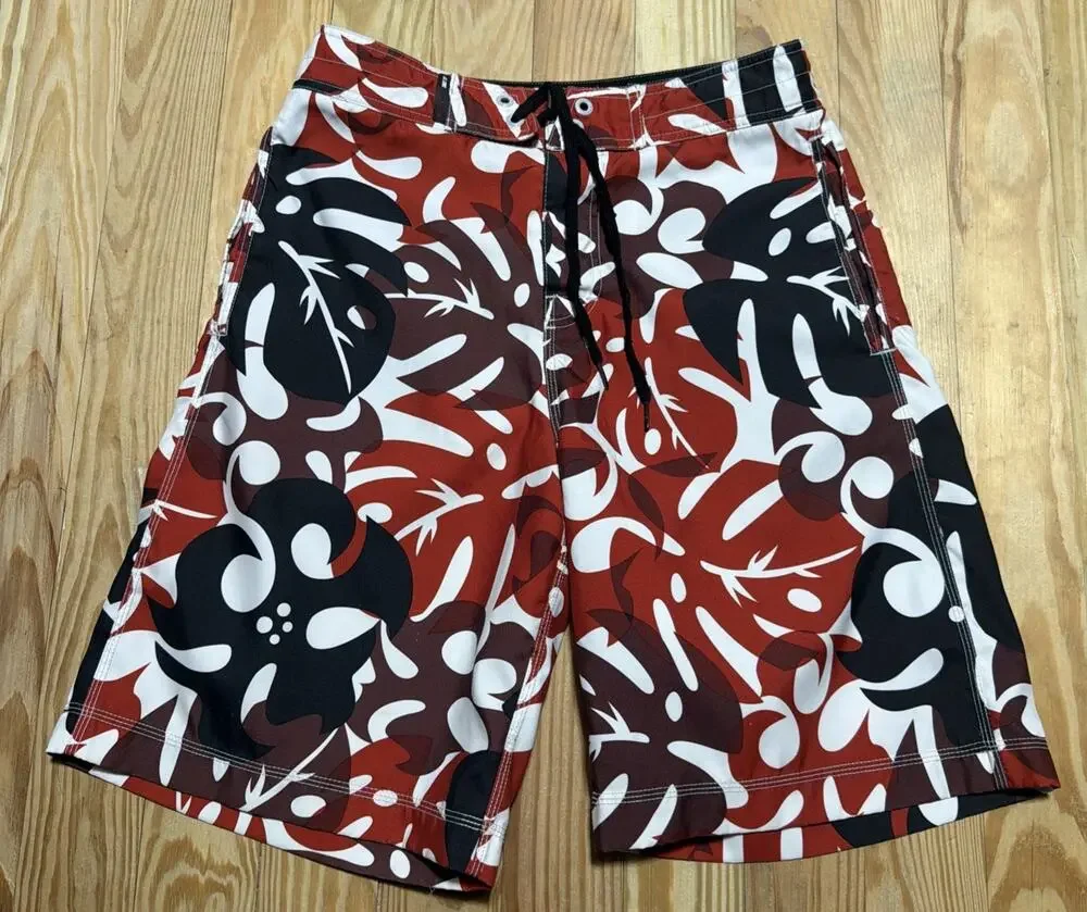 American Eagle Board Shorts Mens 30 Red Beach Swim Trunks Hawaiian Print